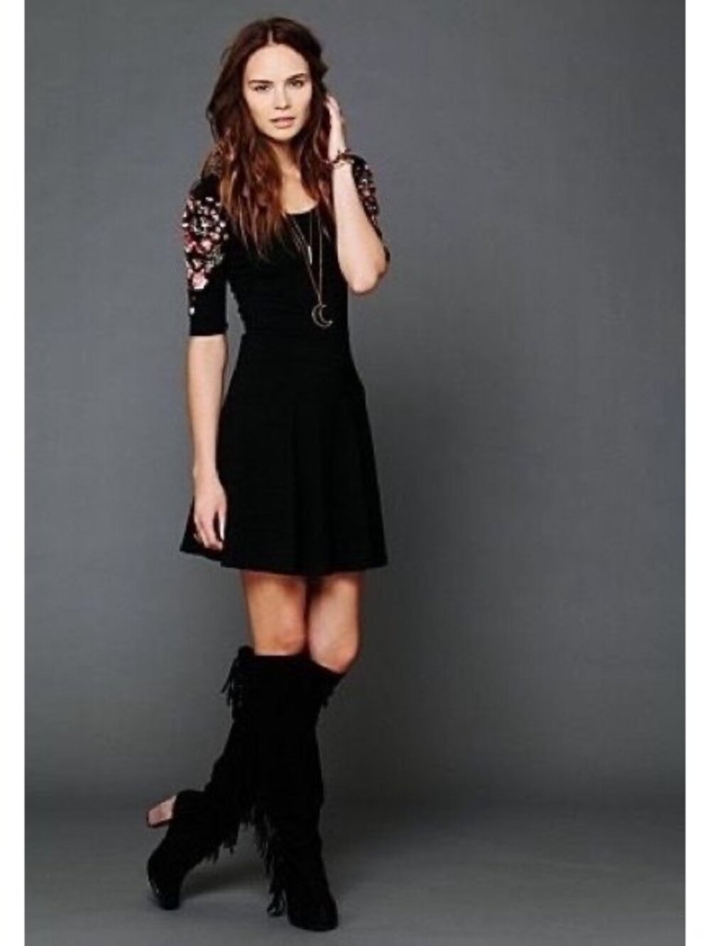 Free People Floral Embroidered Black Fit & Flare Mini Dress S| Indie Sleaze Boho - Picture 13 of 16